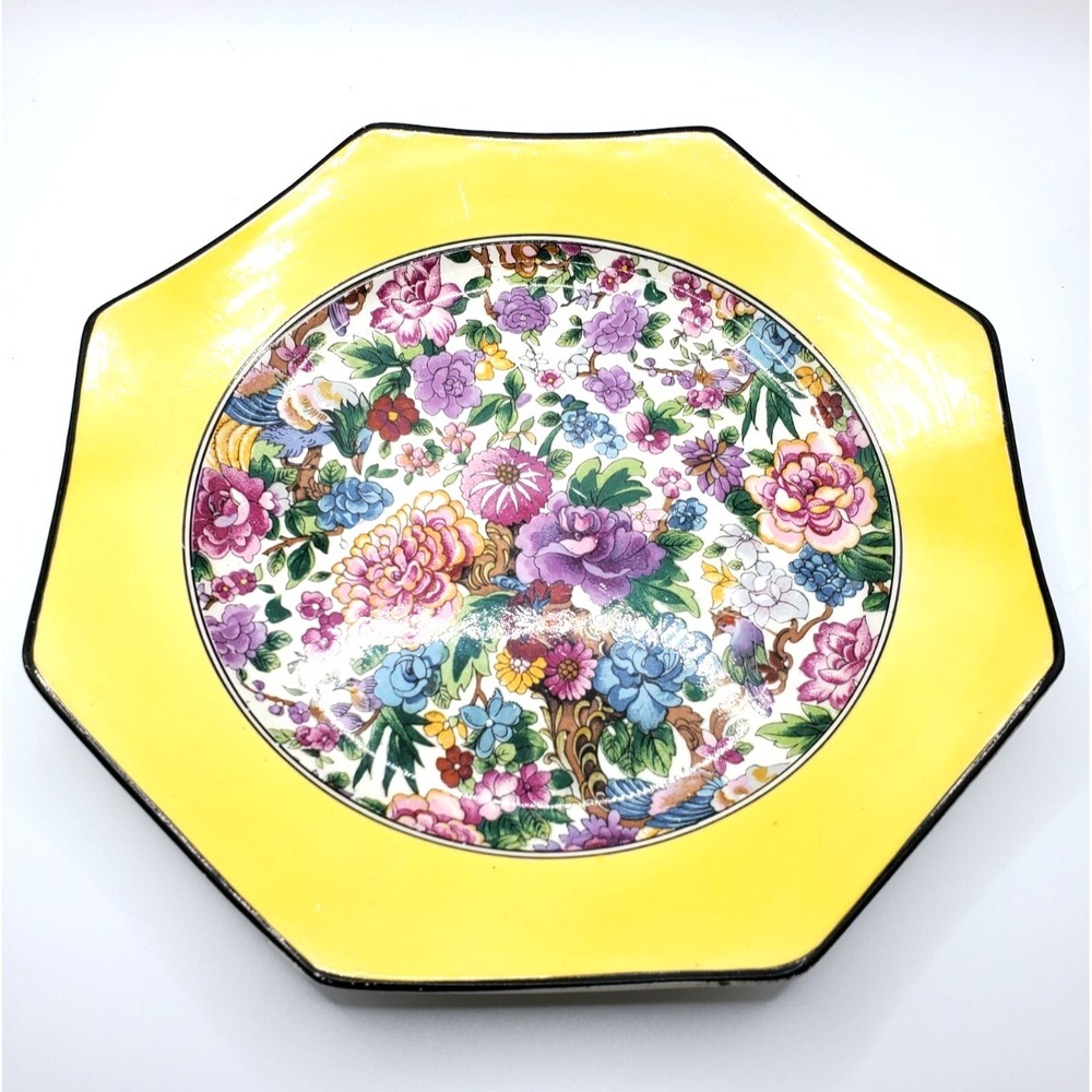 1935 Crown Ducal England 'PURPLE CHINTZ' Yellow Brand 8" Dessert Plate Birds